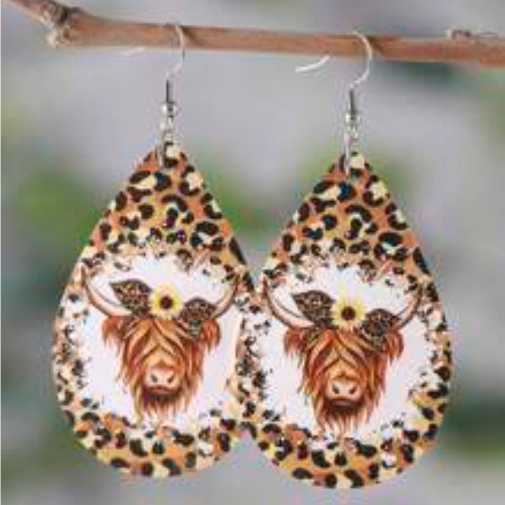 Boho festival wood earrings Highland Cow & Leopard teardrop shape design